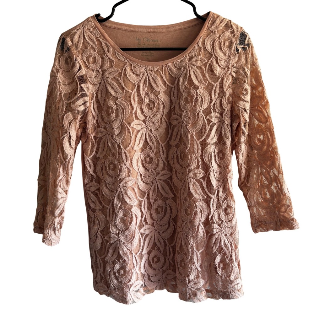 Chicos Floral Lace Overlay 3/4 Sheer Sleeve Top Peach Sz 0 Small Romantic Chic